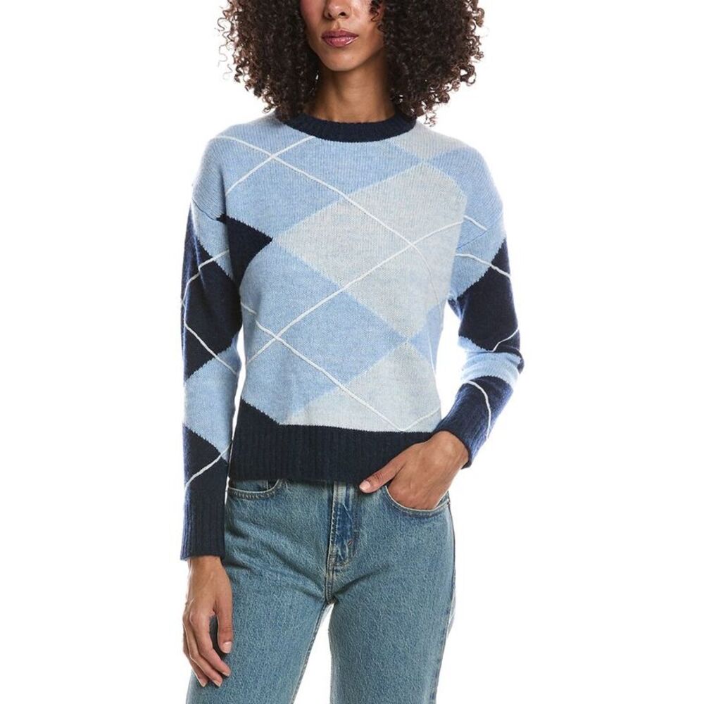 Brodie Cashmere Womens  Argyle Crewneck Cashmere Sweater, Navy